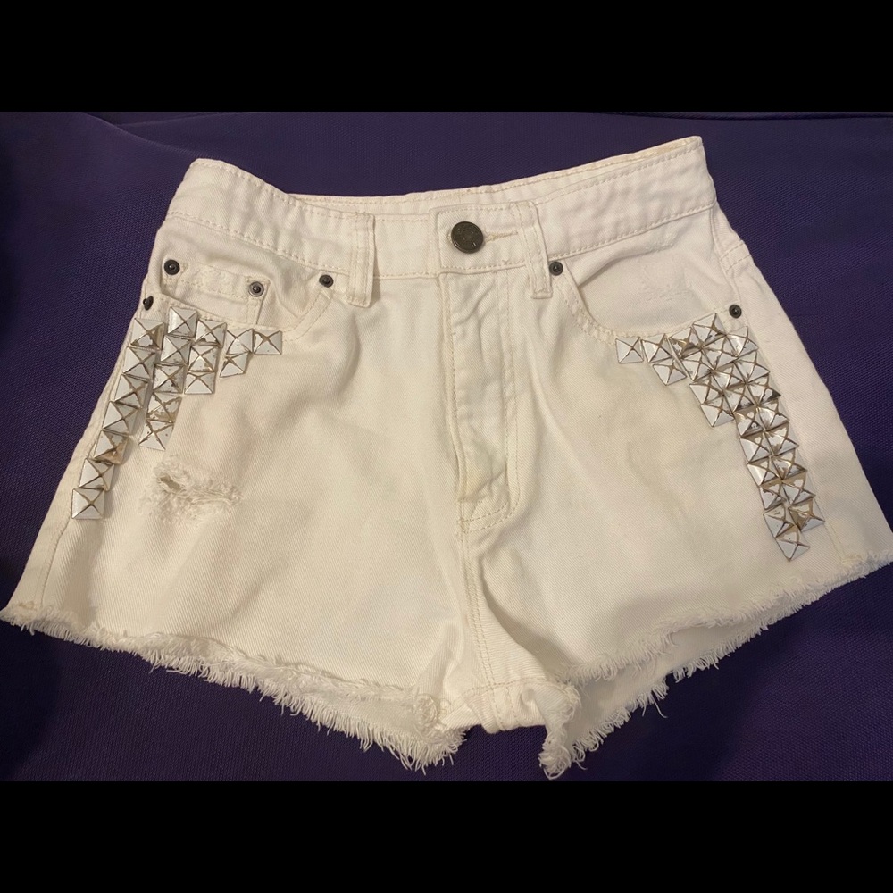 White BDG High Rise Cheeky shorts with studs